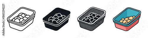Set of four egg container icons in different styles including line art, silhouette, hatched, and color, illustrating a simple carton filled with fresh eggs