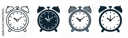 Four classic twin-bell alarm clock illustrations presented as a minimalist icon set with various styles like line art, solid fill, and simple shading for time management concepts