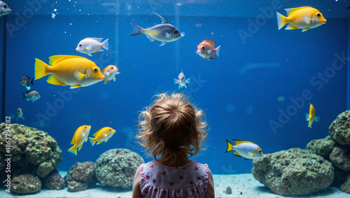 Child staring at aquarium and observing colorful fish underwater  