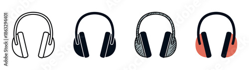 Four headphone and earmuff icons in various graphic styles, including a simple outline, a solid silhouette, a hand-drawn doodle, and a modern flat color vector design