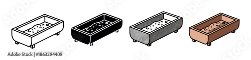 Set of four planter box icons showing a rectangular trough filled with soil, presented in different graphic styles including line art, silhouette, hatched, and color