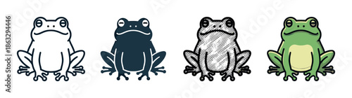Set of four frog illustrations in different graphic styles including outline, silhouette, sketch, and full color cartoon for a logo or icon design