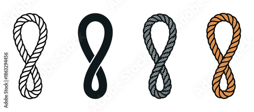 Set of four rope loop icons showing different artistic styles including outline, silhouette, textured, and colored versions of a twisted cord symbol for graphic design