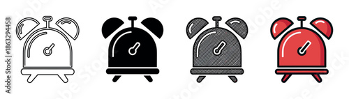 Set of four classic alarm clock icons presented in various graphic styles, including a simple outline, a solid black glyph, a hatched texture, and a flat red colored version