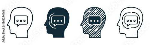 Human head profile icons with speech bubbles inside representing communication, thought, and internal dialogue in a minimalist flat vector illustration set with various styles