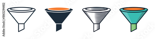 Set of four funnel icons in different graphic styles including line art, solid, engraved, and flat color, symbolizing filtering, sorting, and sales conversion