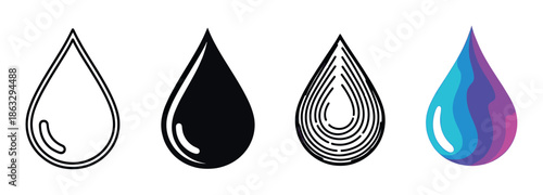 Set of four water drop icons in different graphic styles including outline, solid black silhouette, linear pattern, and a vibrant colorful gradient design for various concepts