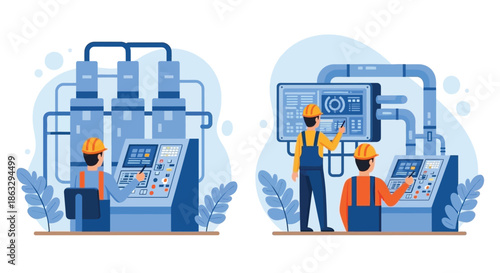 Industrial control room with workers monitoring complex machinery and systems