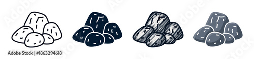 Set of four rock pile icons in different styles including line art, solid glyph, hand-drawn sketch, and simple color vector illustration for graphic design elements