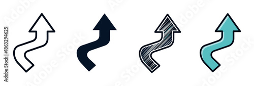 Set of four wavy arrow icons pointing upwards in various graphic styles including outline, solid glyph, hand-drawn scribble, and colorful filled design for navigation