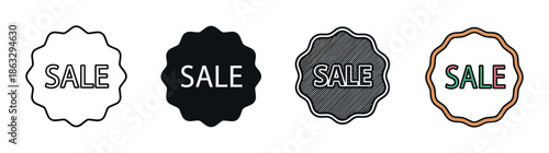 Set of four sale badges with wavy edges showing different graphic design styles, including simple outline, solid fill, hatched pattern, and a colorful version for promotions