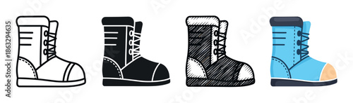 Set of four boot icons showing different artistic styles including simple line art, a solid silhouette, a hand-drawn scribble, and a flat color vector illustration