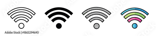 Four different Wi-Fi symbol icons in various styles including outline, solid, hatched, and colorful, presented as a minimalist graphic illustration set for digital communication concepts