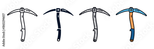 Four ice axe tool icons in different styles including line art, silhouette, sketch, and color doodle for mountaineering and climbing concepts, presented as a simple vector set