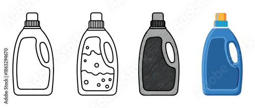 Laundry detergent bottle icons in a set of four different artistic styles, including a simple outline, a line drawing with bubbles, a hatched illustration, and a flat color vector