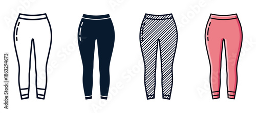 Women's leggings and yoga pants icon set with four design variations, featuring a simple outline, a dark silhouette, a diagonal stripe pattern, and a pink colored illustration