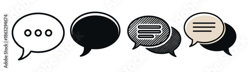 Set of four speech bubble icons in various hand-drawn and graphic styles, representing communication, chat, dialogue, and messaging for user interface design concepts