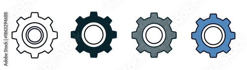 Set of four gear icons in different styles including outline, solid fill, textured, and color, representing settings, options, or mechanical processes in graphic design