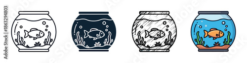 Set of four fishbowl illustrations showing a pet goldfish swimming among plants and bubbles in various styles like line art, silhouette, sketch, and full color