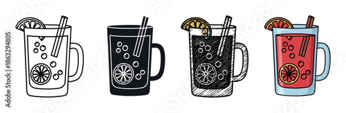 Set of four mulled wine glass illustrations in different artistic styles including outline, silhouette, sketch, and a full color cartoon of the hot winter holiday beverage