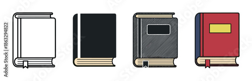 Four illustrated books with different cover designs and bookmarks are arranged in a row, showcasing a minimalist graphic style for educational or literary concepts