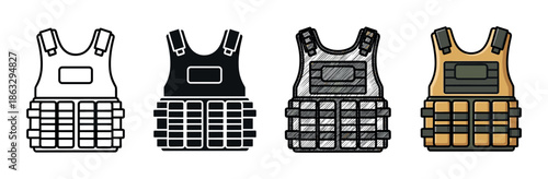 Four military body armor vest illustrations in a collection of styles, including simple outline, solid silhouette, hand-drawn sketch, and a flat color cartoon design