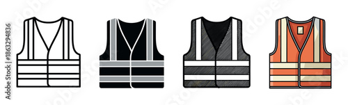 Safety vest icon set with four variations including a simple outline, a solid black glyph, a textured drawing, and a detailed orange high-vis jacket for worker protection