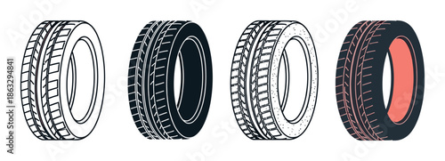 Four illustrated car tires in various graphic styles, including clean line art, a solid silhouette, stippled texture, and a color version with a unique tread pattern
