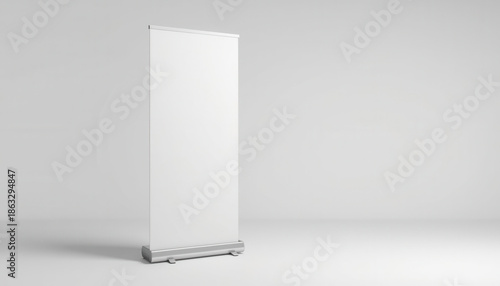 Blank white roll up banner stand mockup on gray background vertical display template for exhibition advertising design