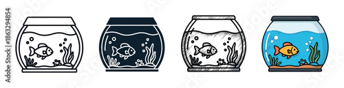 Four fishbowl icons in different styles showing a cute goldfish swimming with seaweed and bubbles, including line art, silhouette, sketch, and full-color cartoon versions