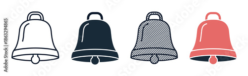 Set of four bell icons in different graphic styles including outline, solid silhouette, hatched pattern, and flat color for user interface notifications and alerts