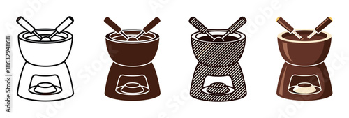 Collection of four chocolate fondue set icons presented in various graphic styles like outline, silhouette, hatched, and full color illustration for a sweet dessert concept