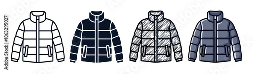 Set of four puffer jacket icons in various artistic styles including outline, silhouette, hand-drawn sketch, and colored cartoon for winter apparel concepts