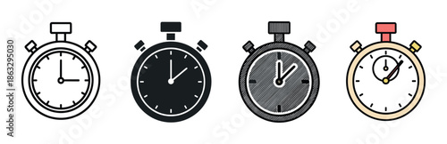 Set of four stopwatch timer icons showing different graphic styles including simple outline, solid silhouette, textured sketch, and flat colored vector illustration