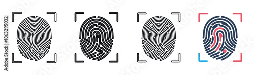 Set of four fingerprint scanner icons with different line styles and colors representing biometric identification, digital security, and personal access control