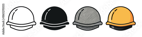 Collection of four construction hard hat icons shown in different artistic styles, from a simple black outline and silhouette to a detailed hatched and a vibrant yellow cartoon