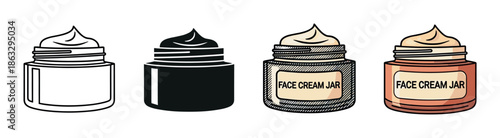 Four cosmetic cream jar vector illustrations presented in a set of different styles: simple outline, black silhouette, detailed hand-drawn sketch, and flat color cartoon