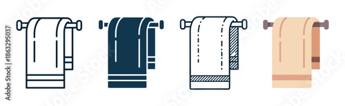 Towel on a rack icon set featuring four distinct graphic design styles including simple line art, solid glyph, detailed outline, and a flat color vector illustration