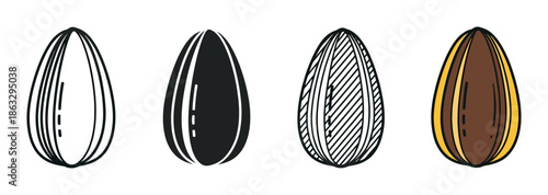 Four sunflower seed icons presented in a row with various graphic designs, from a minimalist line art and a solid glyph to a textured sketch and a colorful cartoon drawing