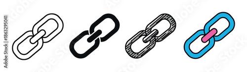 Set of four chain link icons representing connection and hyperlinks, showcased in various graphic styles including simple outline, solid silhouette, hatched, and colorful designs