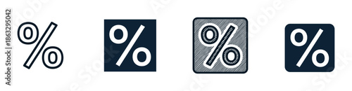 Set of four percentage sign icons in various minimalist styles, including outline, solid, and hand-drawn hatched textures for graphic design elements