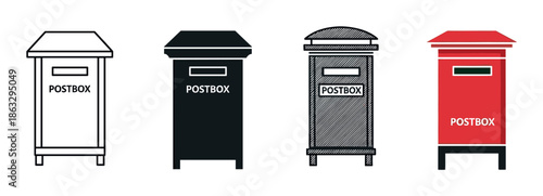 Set of four postbox illustrations in different graphic styles including outline, silhouette, hatching, and a flat color design for postal service concepts
