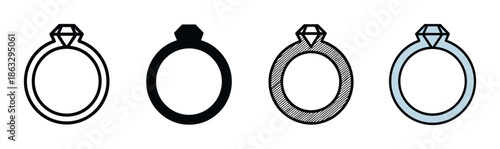 Four diamond ring icons in various styles including line art, solid silhouette, hatched pattern, and color fill, presented as a minimalist vector graphic illustration set