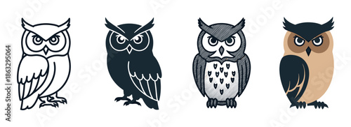 Set of four stylized owl illustrations in different graphic design styles like line art, silhouette, engraved, and flat color for a logo or emblem concept