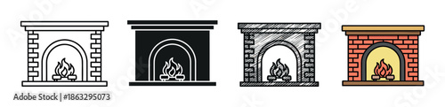 Set of four fireplace icons showing different design styles including line art, silhouette, hand-drawn sketch, and a full color cartoon illustration for interior design