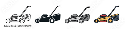 Lawn mower icon set in four styles including line, glyph, sketch, and color, representing gardening equipment and lawn care service for graphic design elements