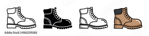 Set of four boot icons in various graphic styles like outline, silhouette, sketch, and flat color, depicting a single rugged ankle shoe with laces and a thick sole