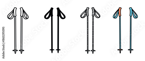 Set of four ski pole illustrations showing different styles including outline, silhouette, dashed line, and a simple colored version for winter sports and recreation design
