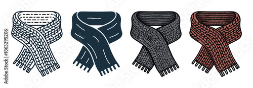 Set of four illustrated winter scarves with different textures and patterns in a hand-drawn graphic style, showing various cozy knitted neckwear accessories for cold weather