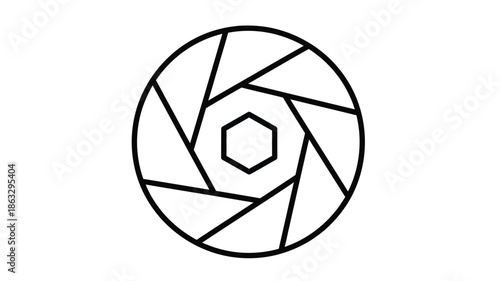 A black and white illustration depicting a camera aperture with geometric shapes inside